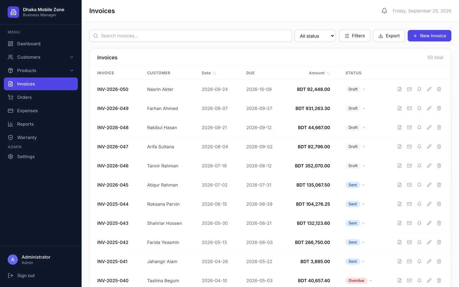 BMS invoice list with invoice numbers, customers, dates, amounts in BDT and draft, sent and overdue statuses
