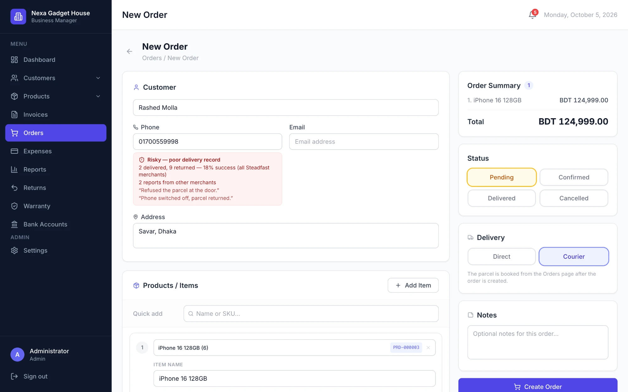 BMS new order form flagging a customer as risky, with 2 parcels delivered and 9 returned, next to the order summary, status and delivery options