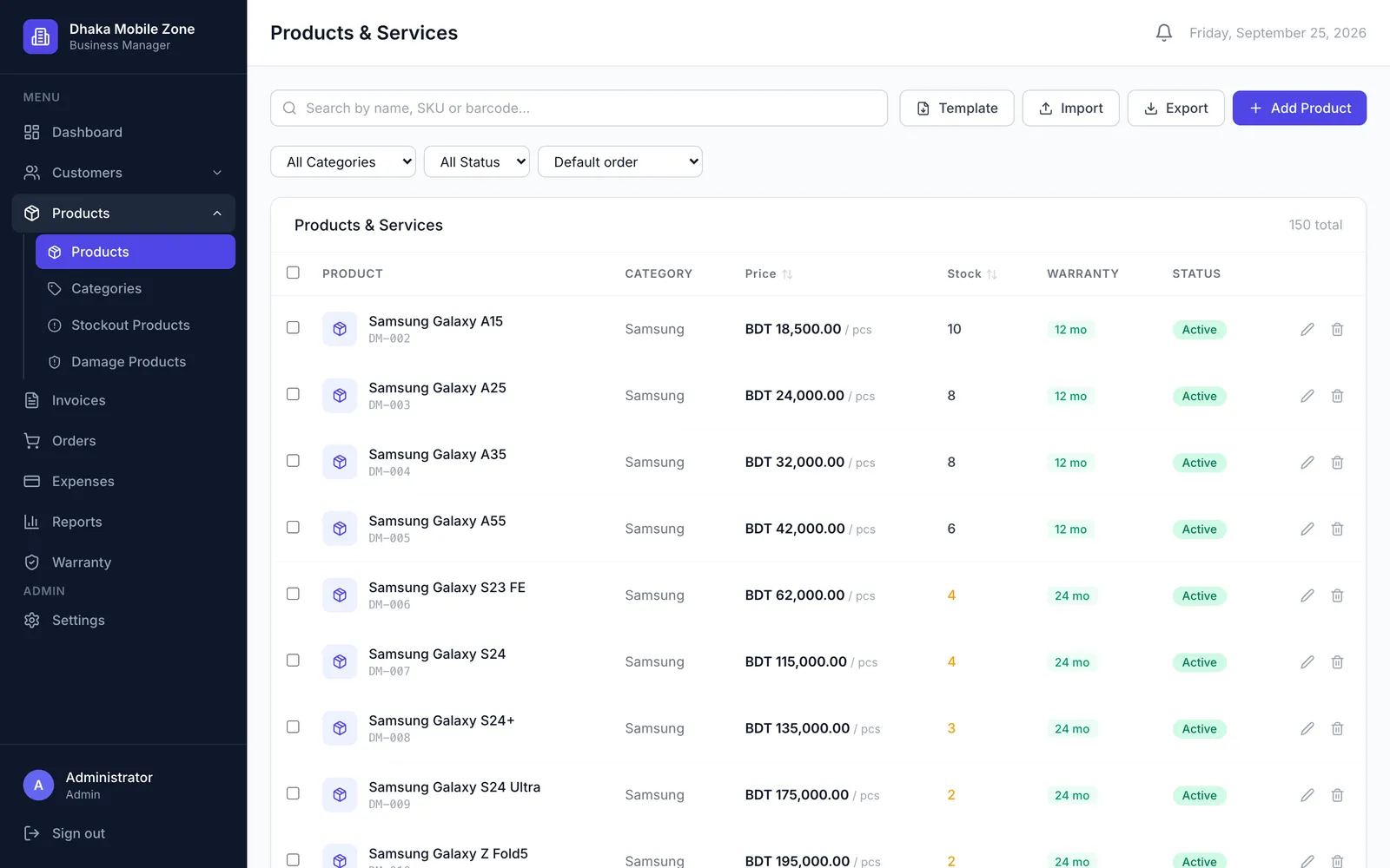 BMS product list showing phones with SKU, category, price, stock level and warranty period