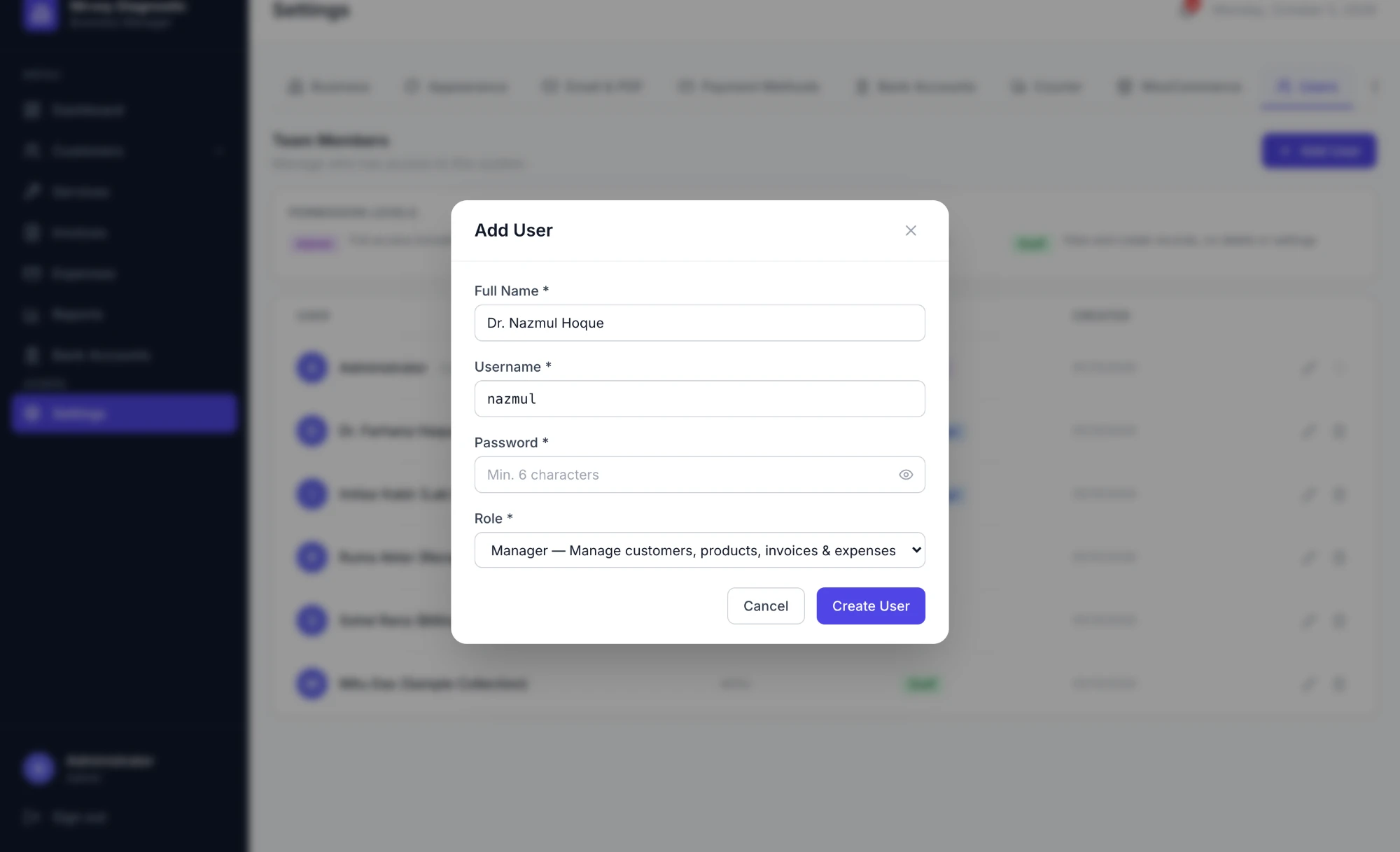BMS add user form with full name, username, password and a role selector set to Manager