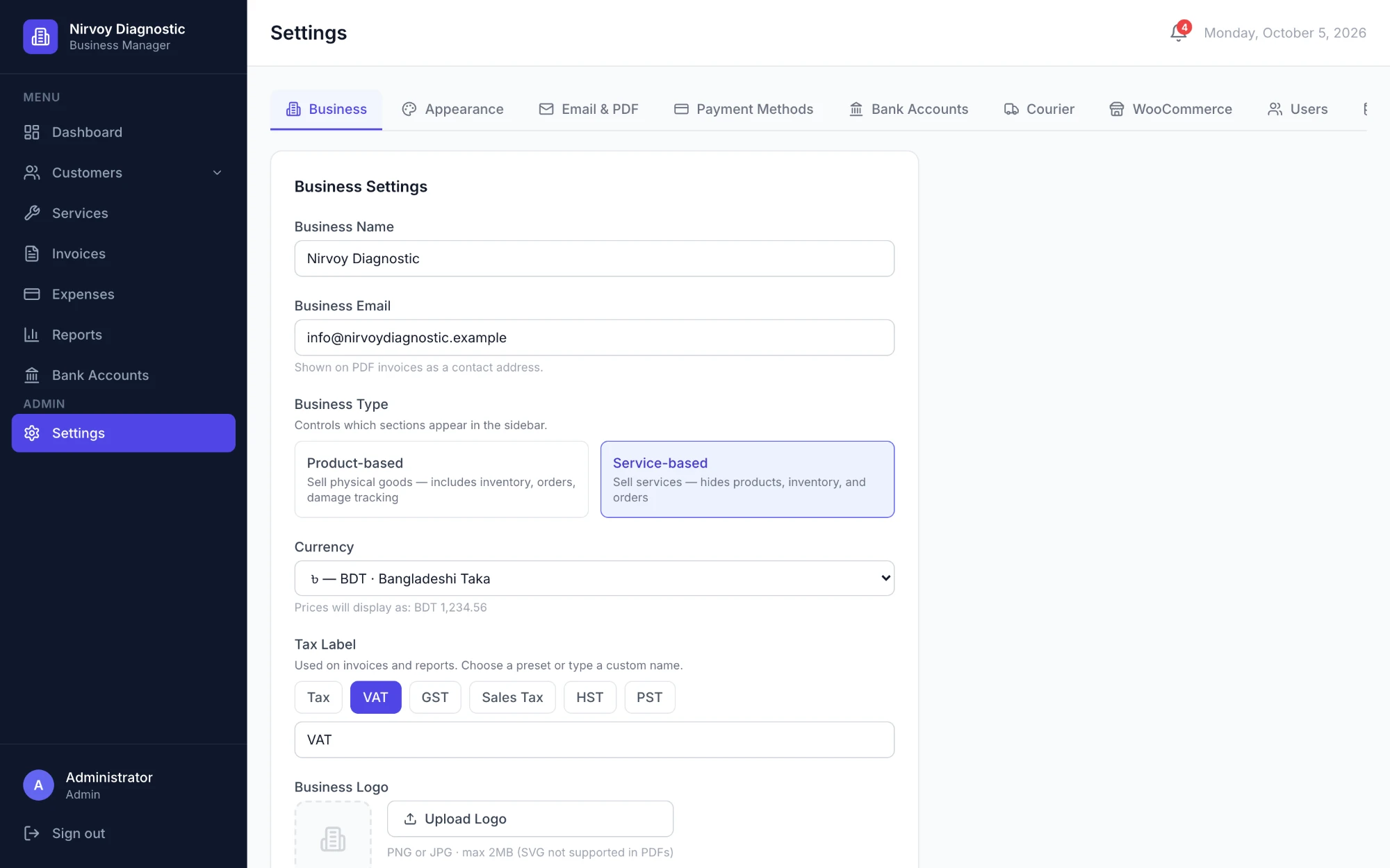 BMS business settings with the business type set to service-based, plus currency and tax label options