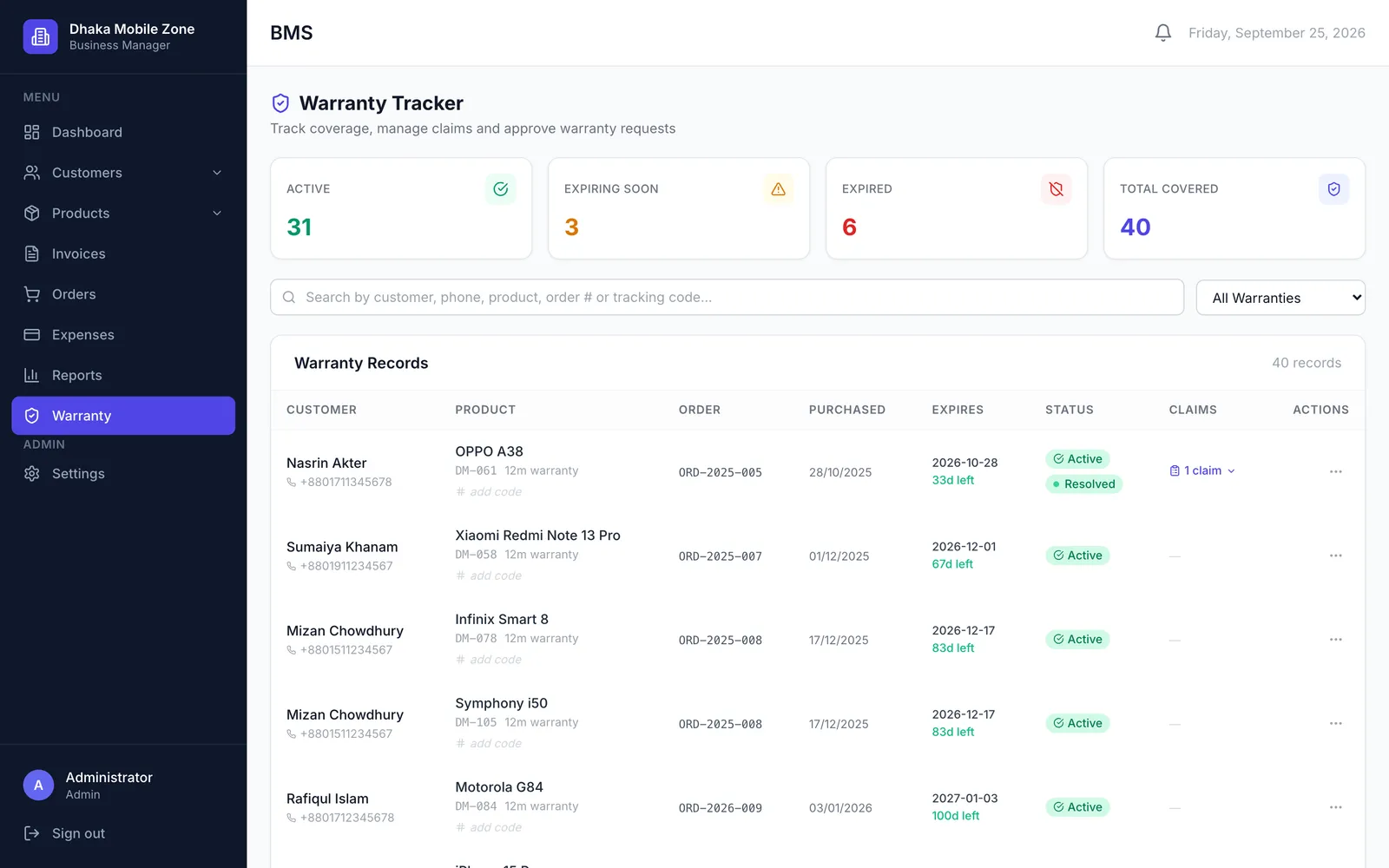 BMS warranty tracker with active, expiring soon and expired counts and a list of warranties by customer