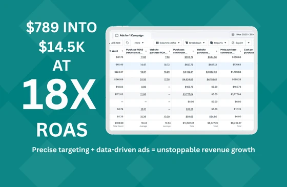 Meta Ads Manager results for one campaign: $789.99 spent, 18.44 purchase ROAS and $14,567 in purchase conversion value