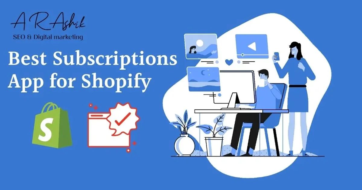 Illustration of a woman working at a desk, titled 'Best Subscriptions App for Shopify' with the Shopify logo
