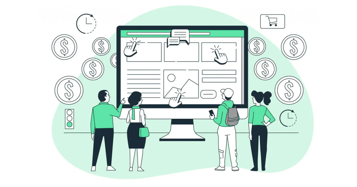 Illustration of a team gathered around a large monitor showing a website, surrounded by dollar coins