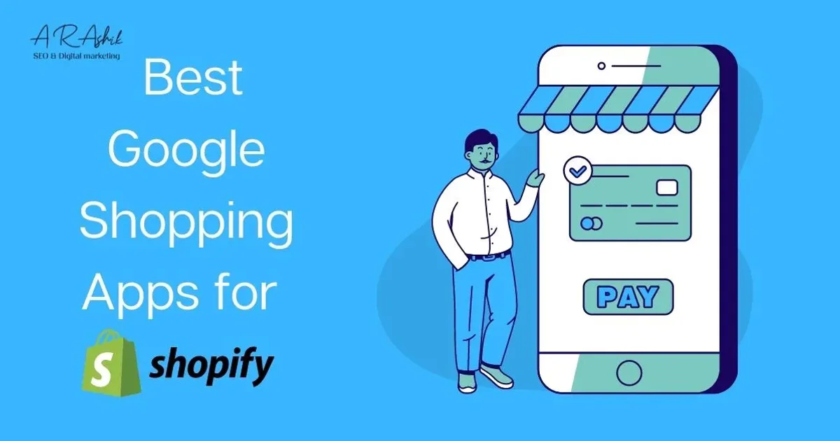Illustration of a shopper paying on a giant phone, titled 'Best Google Shopping Apps for Shopify'