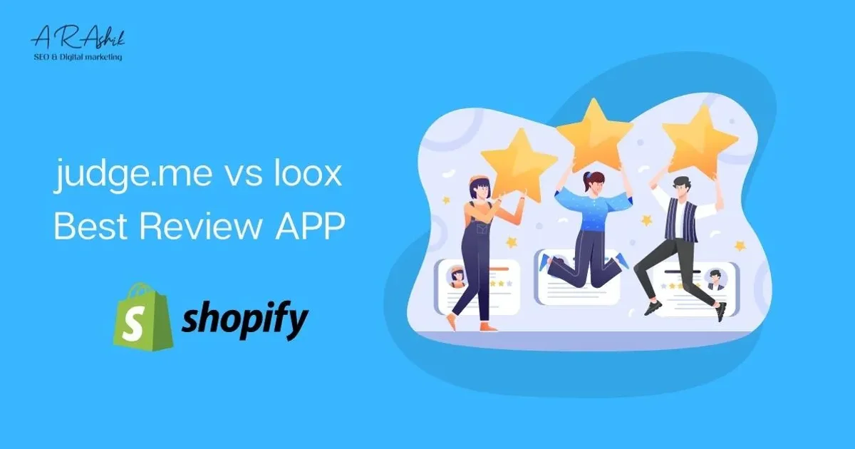 Illustration of people celebrating under five stars, titled 'judge.me vs loox best review app' with the Shopify logo