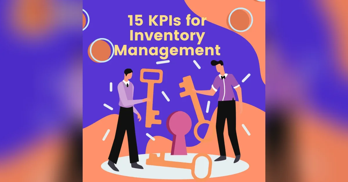 Illustration of two people carrying giant keys under the title '15 KPIs for Inventory Management'