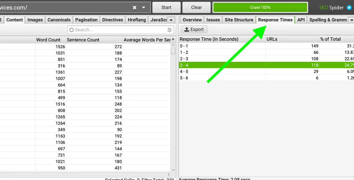 Screaming Frog SEO Spider Response Times report, with an arrow pointing to the Response Times tab
