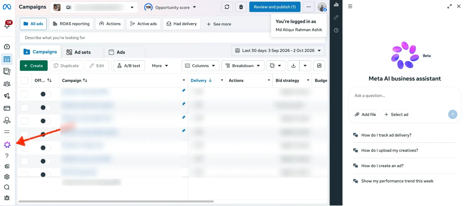 Meta Ads Manager with an arrow pointing to the purple-pink swirl icon in the left sidebar and the Meta AI business assistant panel open on the right
