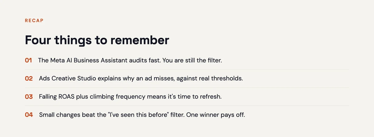 Recap slide with four things to remember about the Meta AI business assistant and Ads Creative Studio