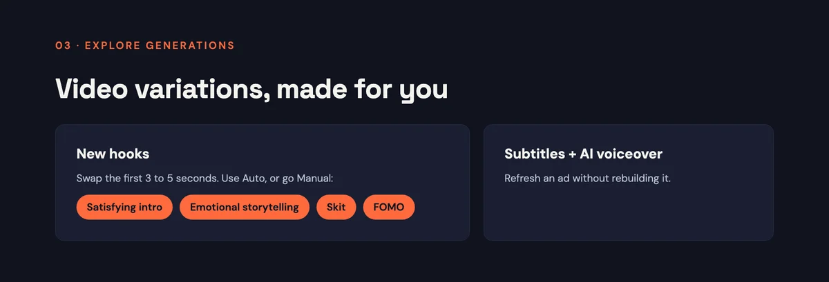 Video variations slide: new hooks with styles such as satisfying intro, emotional storytelling, skit and FOMO, plus subtitles and AI voiceover