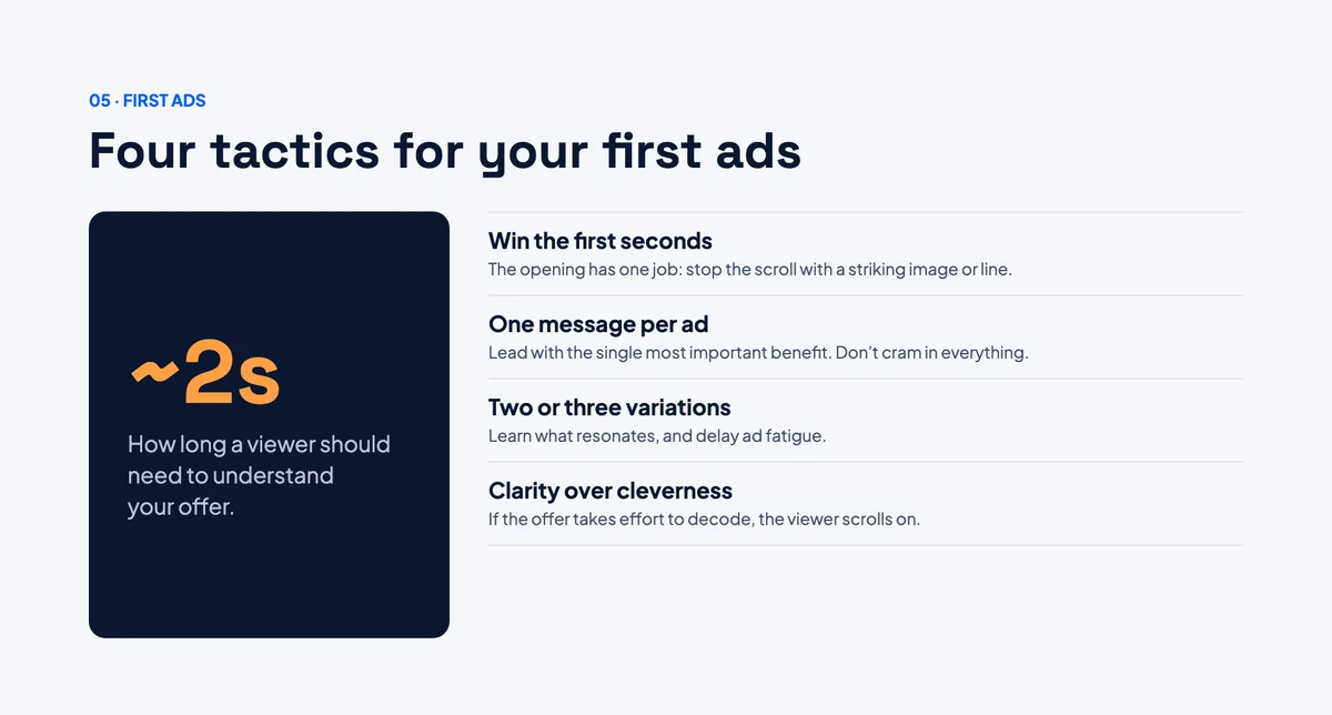 Slide with four tactics for first ads: win the first seconds, one message per ad, two or three variations, and clarity over cleverness