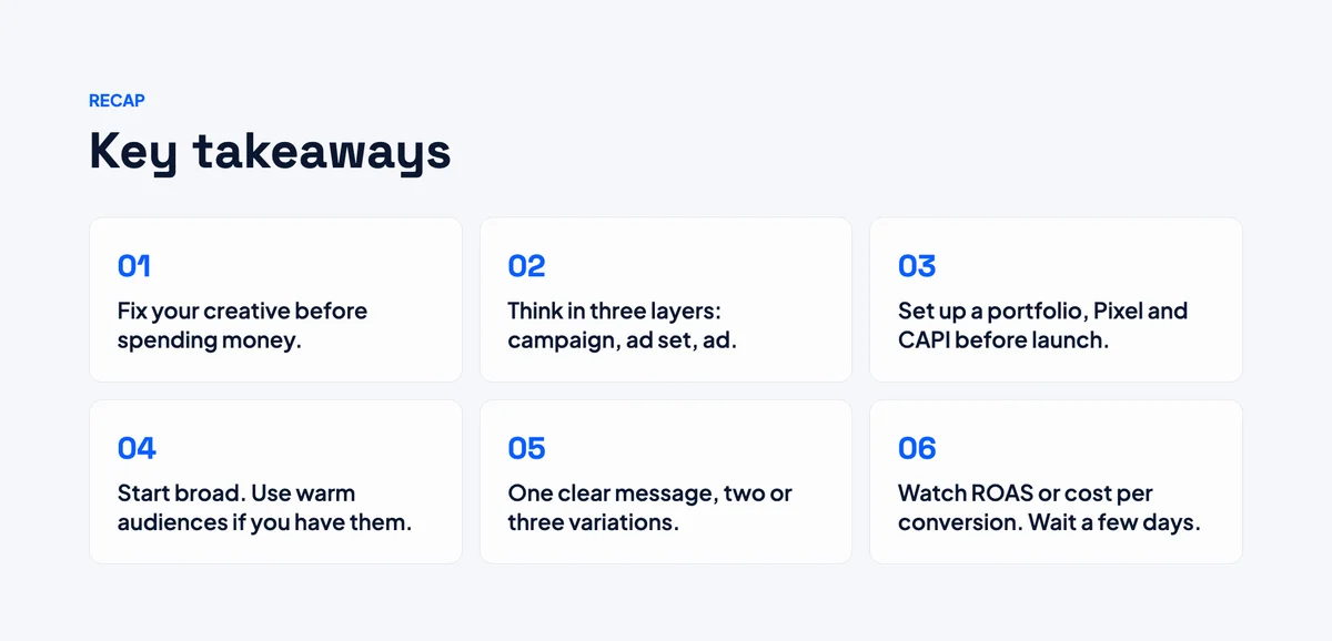 Recap slide with the six key takeaways from the Meta Ads beginner's guide